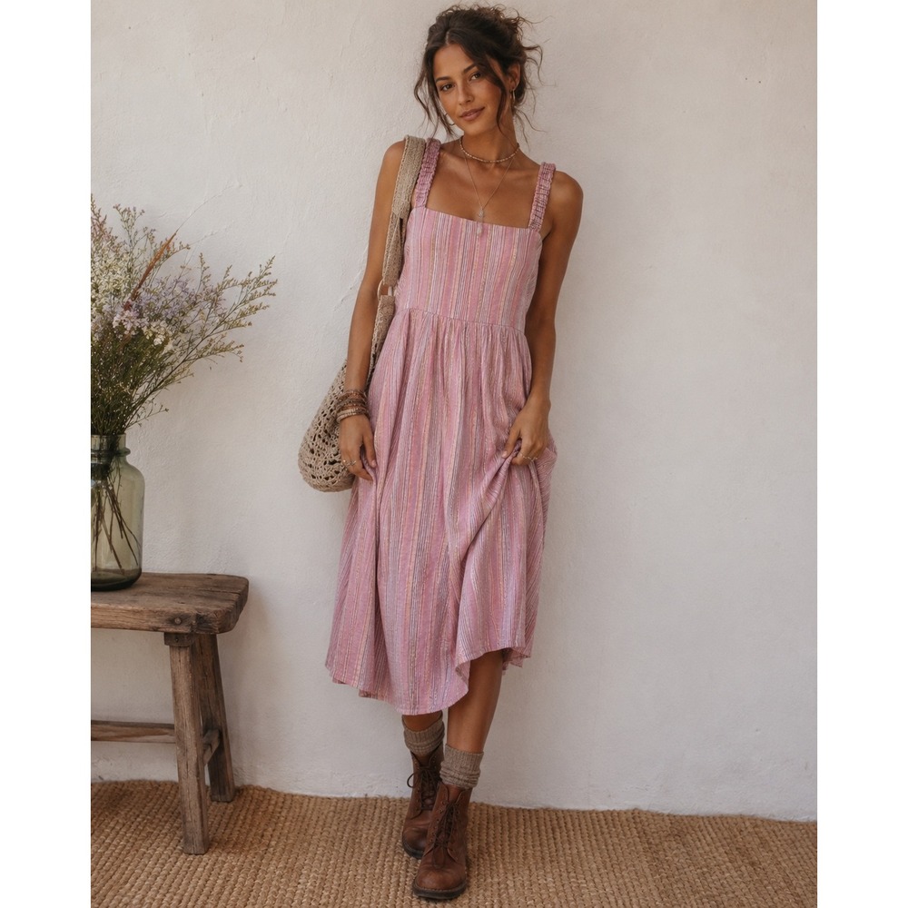 Maurices Womens Pink Striped Tie Back Square Neck Midi Dress Size‎ L Shimmer NWT